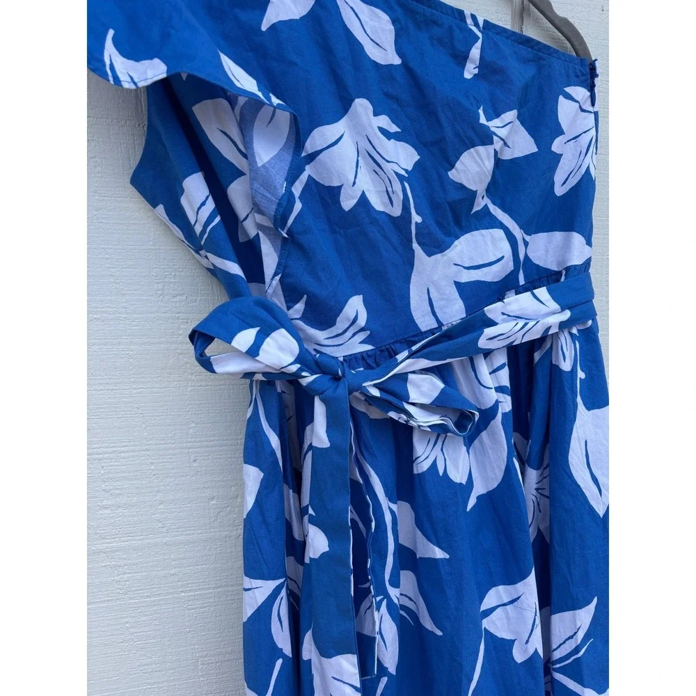 NWT J Crew One Shoulder‎ Dress, Blue Floral, Tie Waist, Sz 8 - Picture 2 of 5